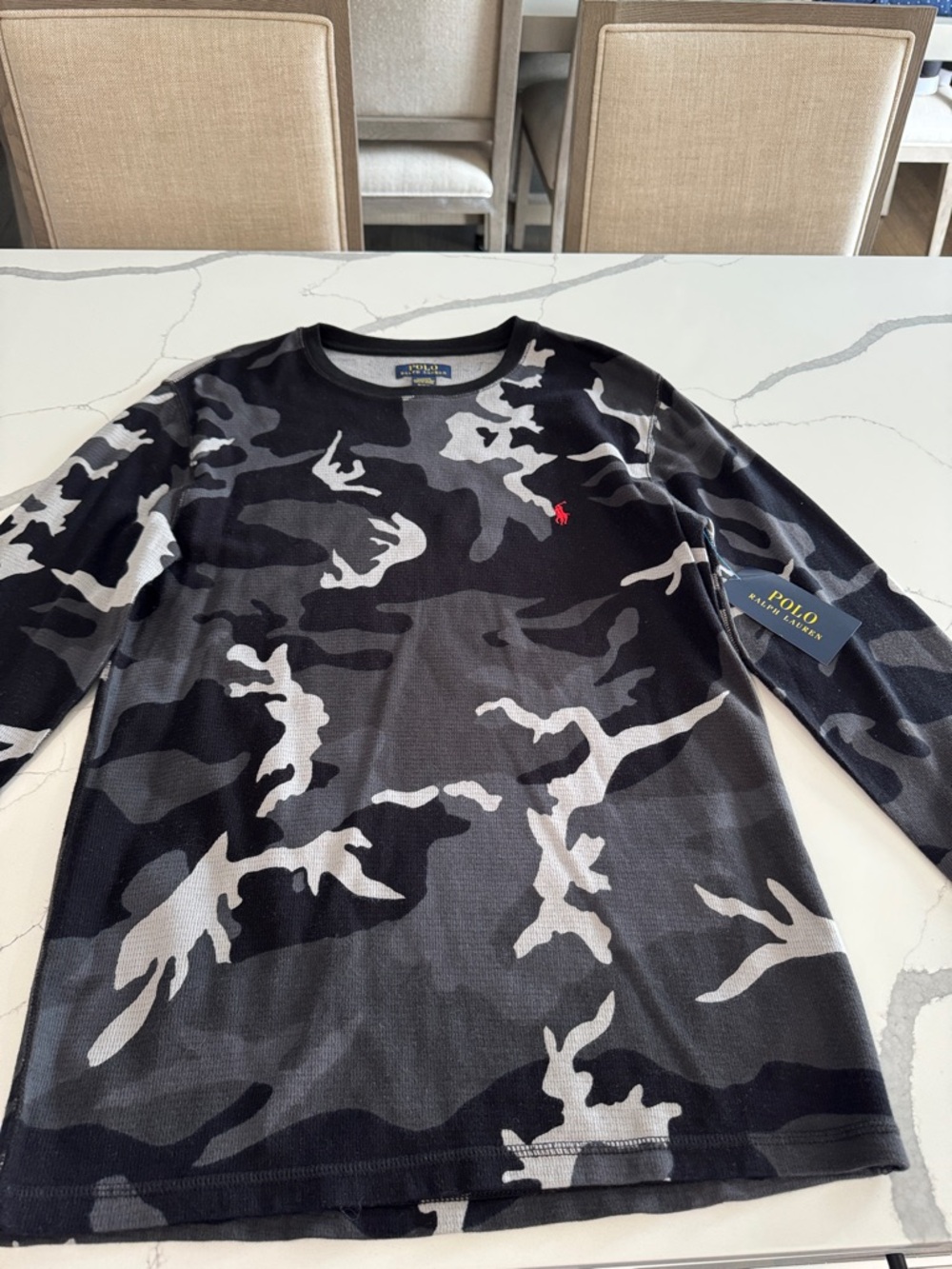 Ralph Lauren Black & Gray Camo Long Sleeve Tee with Red Pony Accent